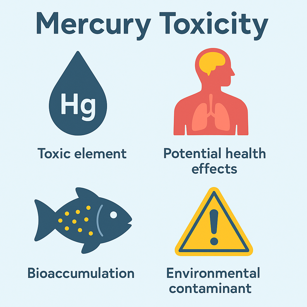 Infographic illustrating sources, types, and health effects of mercury toxicity